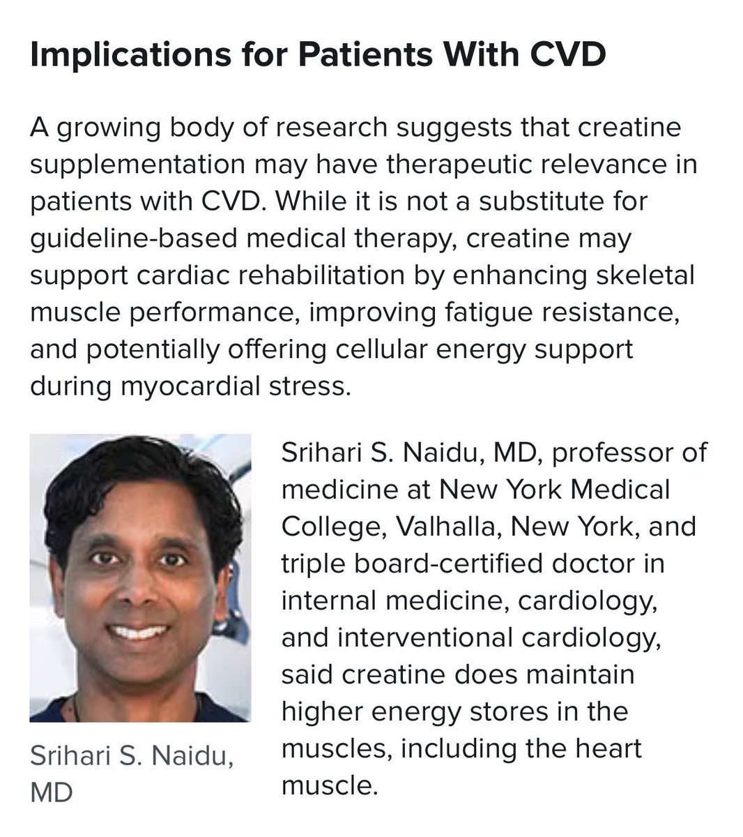 Somewhat more controversial. Does small amounts of creatine supplementation help or hurt? It’s all the craze but is it safe?

<a href="/nymedcollege/">New York Medical College</a> <a href="/WMCHealth/">Westchester Medical Center Health Network</a> <a href="/IvorDouglasMD/">Ivor Douglas, MD</a> <a href="/dlubarskymd/">David A. Lubarsky</a> <a href="/DrMarthaGulati/">Dr. Martha Gulati ♥️🫀❤️‍🩹🇨🇦</a> <a href="/DBelardoMD/">Danielle Belardo, MD</a> <a href="/purviparwani/">Dr. Purvi Parwani</a> <a href="/JamalRanaMD/">Jamal Rana, MD</a> <a href="/LifeTime_Life/">Life Time</a> <a href="/Medscape/">Medscape</a> <a href="/EllauziRama/">Rama Ellauzi</a>