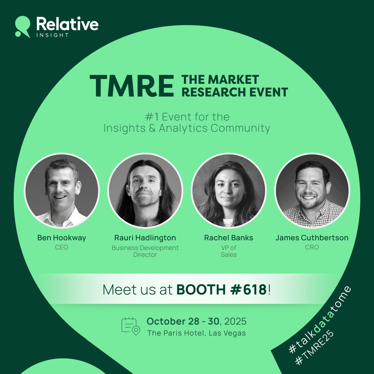 RelativeInsight's tweet image. We&apos;re back in Las Vegas! 🎲✨

The Relative team are at TMRE this week, ready to chat all things AI, insights and turning data into action.

If you’re attending, come find us at booth #618 - we’d love to connect!

#TMRE2025 #TalkDataToMe