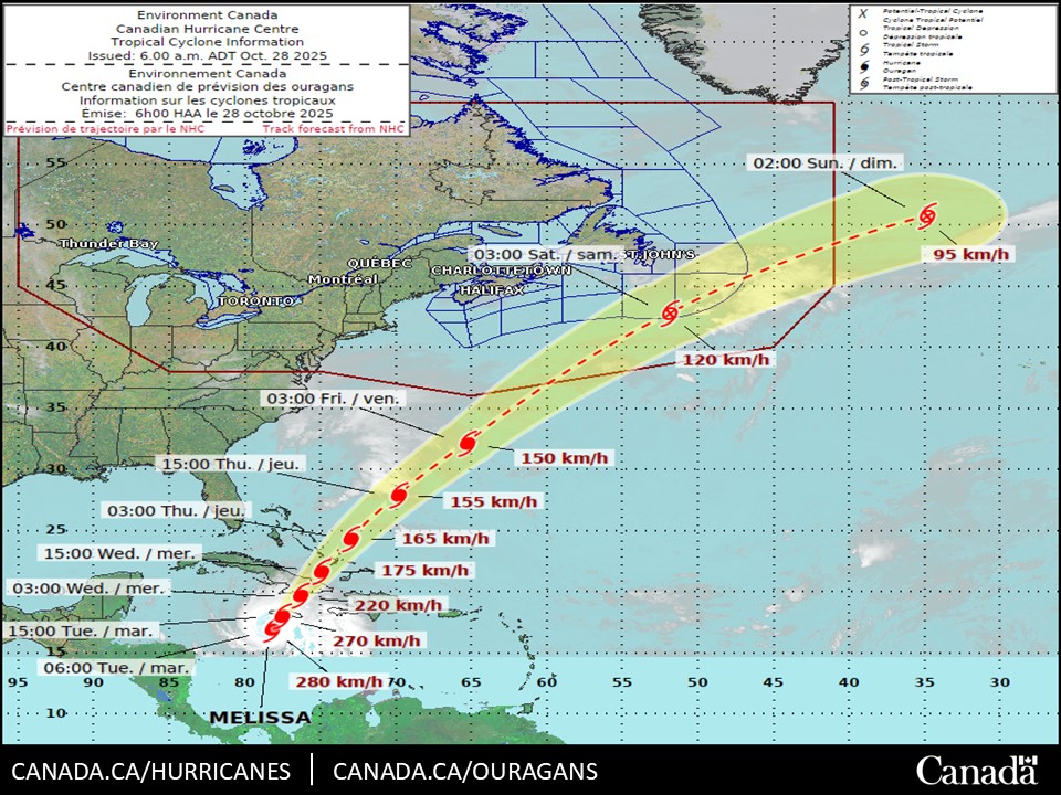 ECCC_CHC's tweet image. We continue to closely monitor major hurricane Melissa. The storm is expected to accelerate northeastward over the next day or so and pass southeast of Atlantic Canada Friday into Saturday. ow.ly/CS4Q50Xj19Y