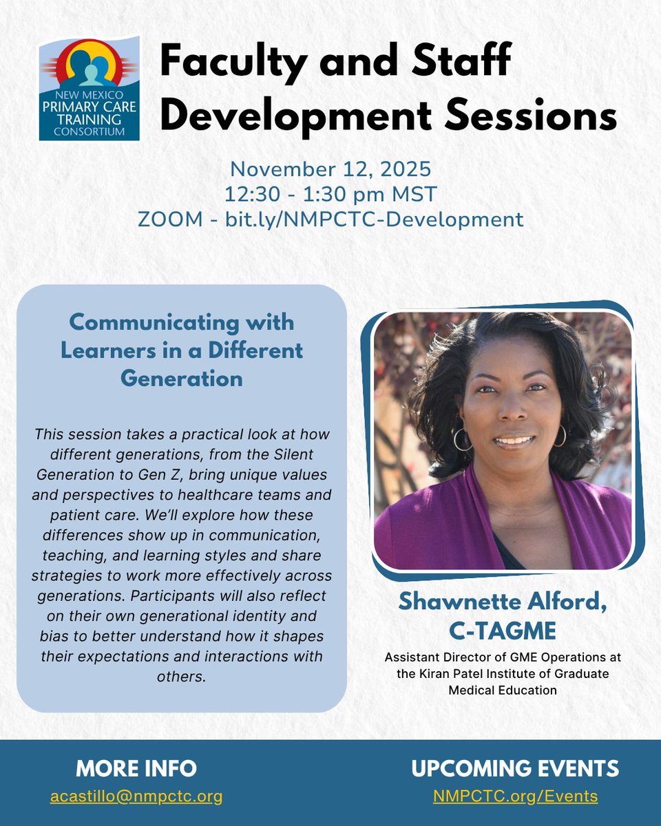 Register now for our November Faculty Development session w/ Shawnette Alford!

SIGN UP: lp.constantcontactpages.com/ev/reg/kp8k4dy

🗓 - Nov. 12, 2025
⌚️ - 12:30 PM MST

#primarycare #facultydevelopment #academicmedicine #familymedicine #docsintraining #STFM #ABFM #generational #education #meded