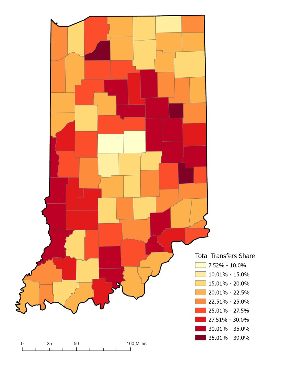 What parts of Indiana receive the highest share of income from Transfer payments?  It isn't where you think. 

*This is social security, SS disability, Medicare, Medicaid, SNAP and misc.
