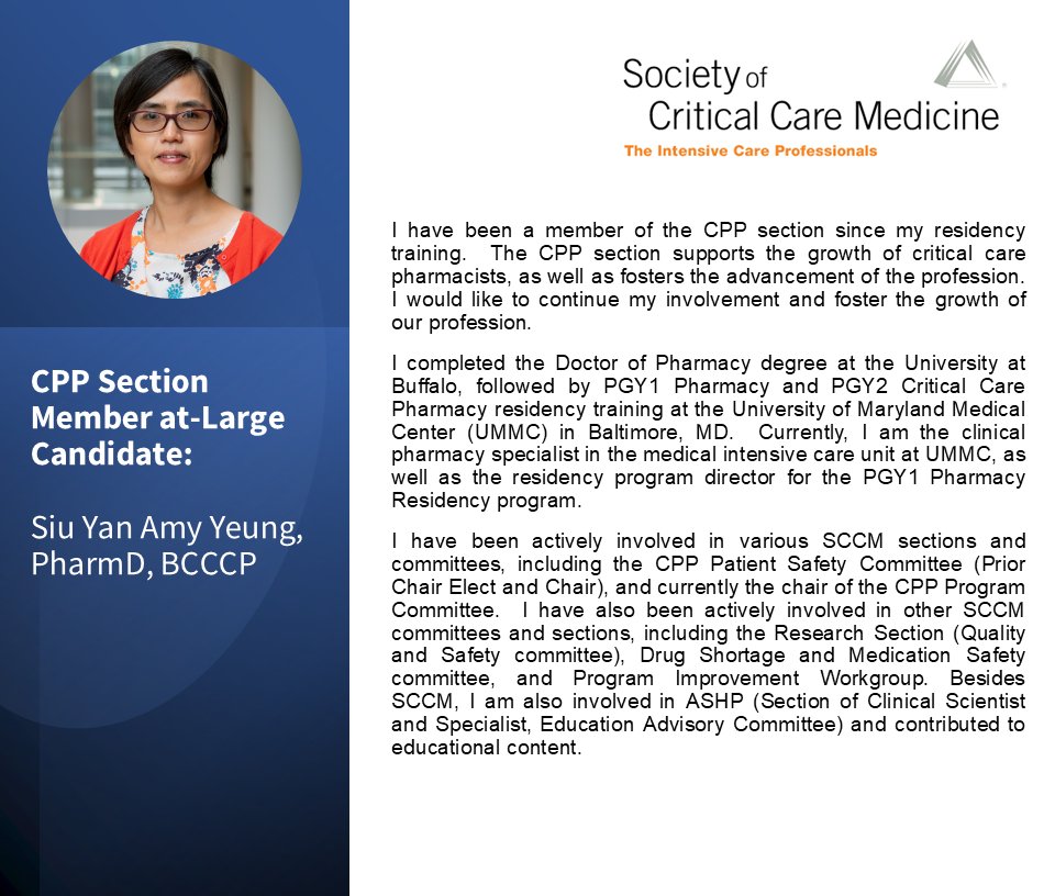 SCCM_CPP's tweet image. ✨Introducing the Candidates✨  
Meet Amy Yeung, candidate for MAL. See below for her bio!
🗓️Cast your vote for one Secretary/treasurer and one MAL candidate by 11/10 @ 23:59 CST. Check Connect for more details.
tinyurl.com/54ubam4m
#PharmICU #SCCM