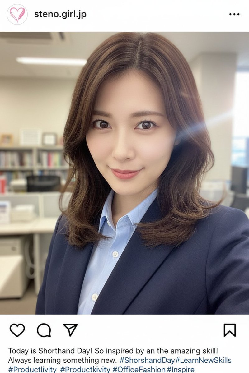 今日のFinstagram(#Gemini に作らせた架空の #Instagram です。)  

今日は速記記念日ってことでこちらです。  

#AIart #AI美女 #AI美女リアル #インスタ #速記記念日 #30代女子