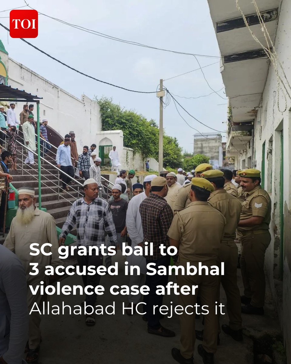 timesofindia's tweet image. #SupremeCourt (SC) on Monday granted bail to three men accused of rioting in #Sambhal during a court-ordered survey of Shahi Jama Masjid on Nov 24 last year.
More details 🔗toi.in/1PvbbZ 
#UttarPradesh #UPNews