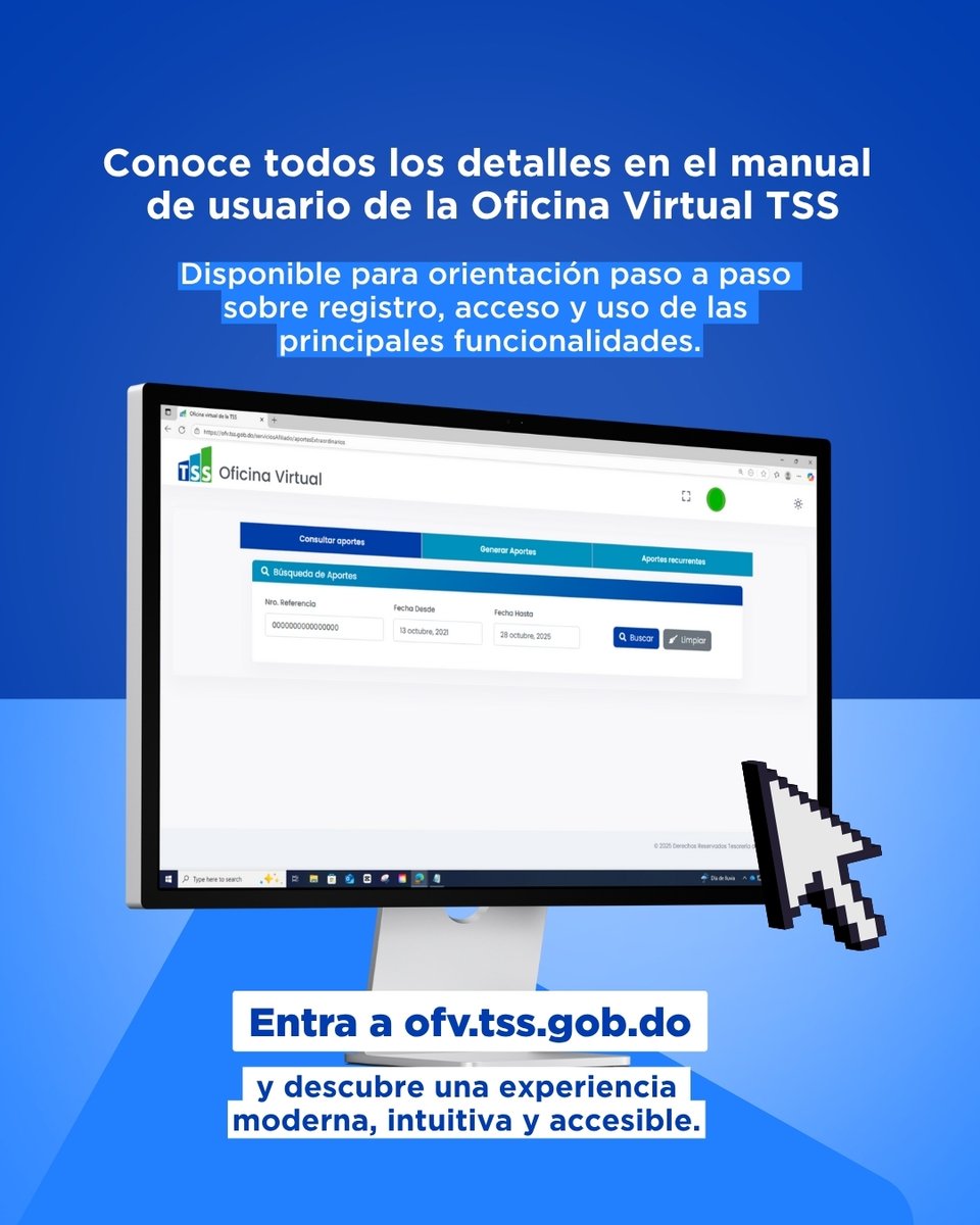 La nueva Oficina Virtual TSS 🖥️ llega con un diseño moderno, mayor seguridad y una experiencia digital mejorada.

🔍 Consulta tus datos, emite certificaciones, realiza aportes voluntarios extraordinarios y mucho más… ¡todo desde un solo lugar!

#TSSDom #OficinaVirtualTSS