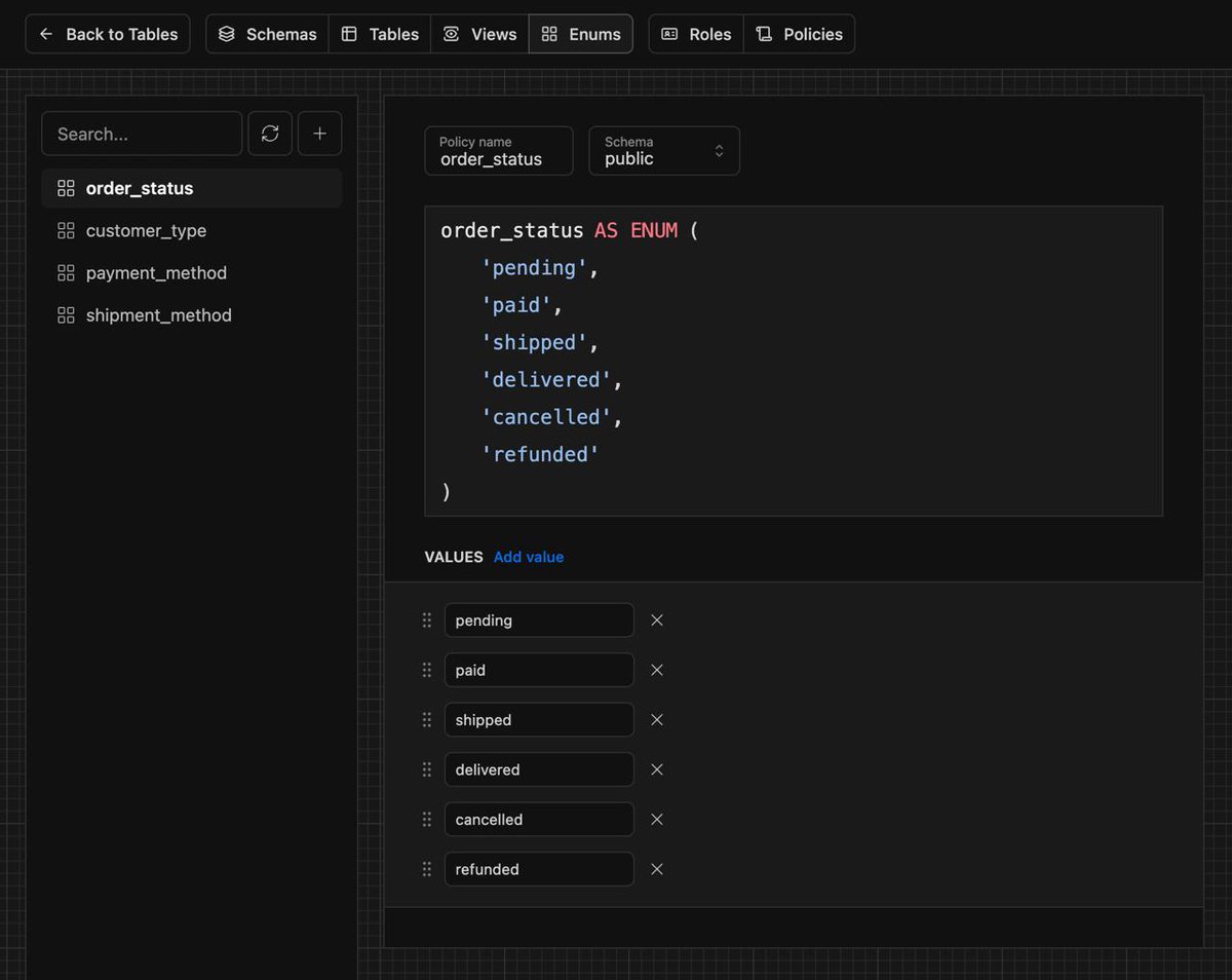 nabukhotnyi's tweet image. We’ve polished the PostgreSQL and MySQL enum experience in Drizzle Studio.
When you create or update a row, you’ll now see a dropdown with enum values.
In PostgreSQL, you have a clean DDL viewer for enums with the ability to add, remove, or change values, and Drizzle Studio will…