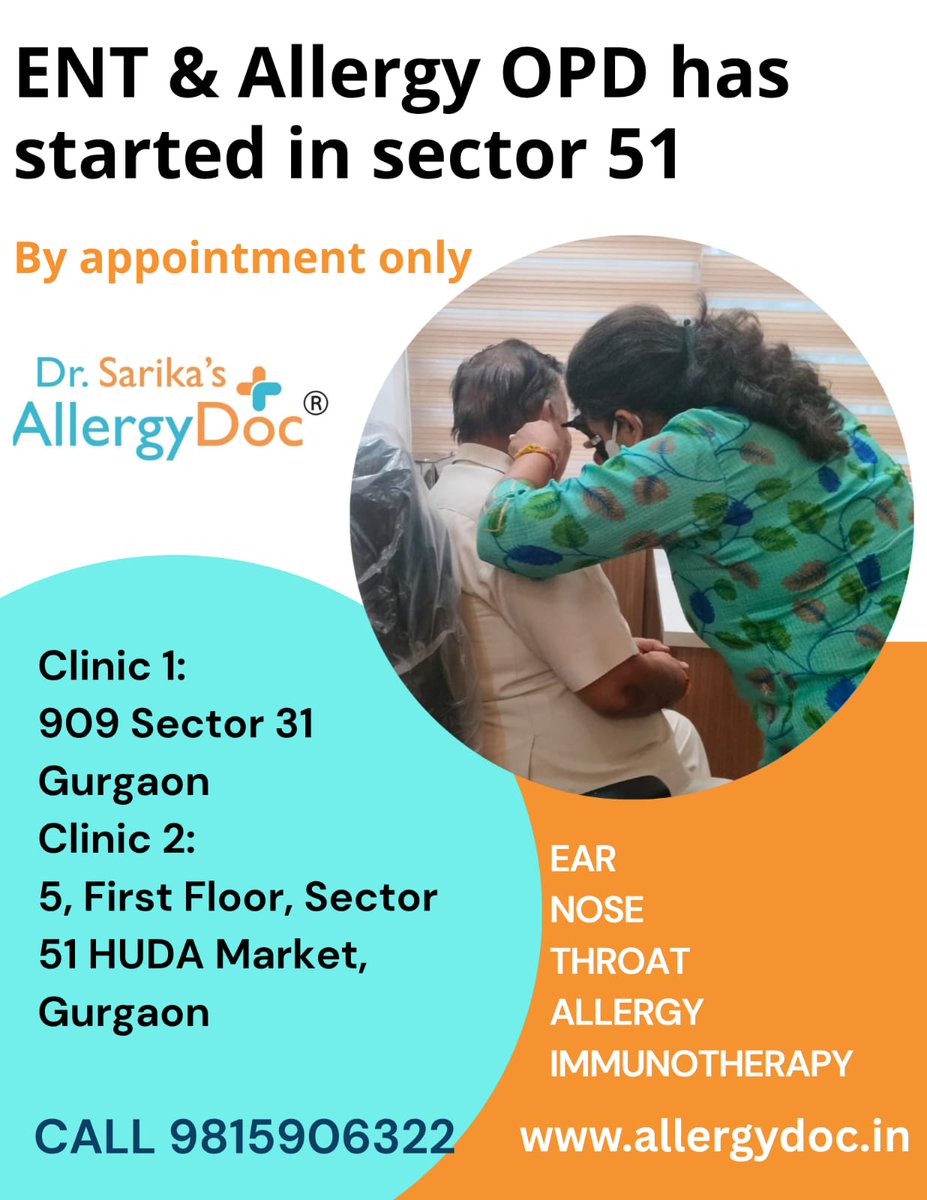 I will be available daily in both sector 31 and sector 51, Gurgaon for ENT and Allergy consultation.
Please call 9815906322 for appointment at the centre closest to you.
allergydoc.in
#ENT #allergy #gurgaon
