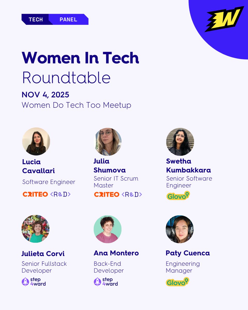 Step4ward_ES's tweet image. 💜 ¡Noticias! Nuestras mentoras Ana Montero y Julieta Corvi estarán en la Roundtable “Women in Tech” (Women Do Tech Too).
🗓️ Mar 4 nov · 18:30 CET | 📍 Criteo, BCN
👉 meetup.com/criteotech-mee…

#Step4ward #WomenInTech #BCNtech #Mentoría ✨