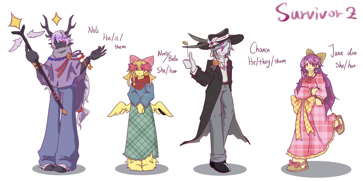 linhejing2007's tweet image. Do you like my design?
However I love them ^w^
性别称呼那里我有点拿不准，请记住这些都是私设 #forsakenfanart #noli #JaneDoeRoblox #chance #noob