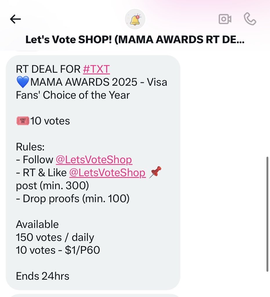 RT DEAL FOR #TXT
💙MAMA AWARDS 2025 - Visa Fans' Choice of the Year

🎟️10 votes

Rules:
- Follow <a href="/LetsVoteShop/">Let's Vote SHOP! WTS MCOUNTDOWN VOTE (no rt deals)</a>
- RT &amp; Like <a href="/LetsVoteShop/">Let's Vote SHOP! WTS MCOUNTDOWN VOTE (no rt deals)</a> 📌post (min. 300)
- Drop proofs (min. 100)

Available
150 votes / daily
10 votes - $1/P60

Ends 24hrs
