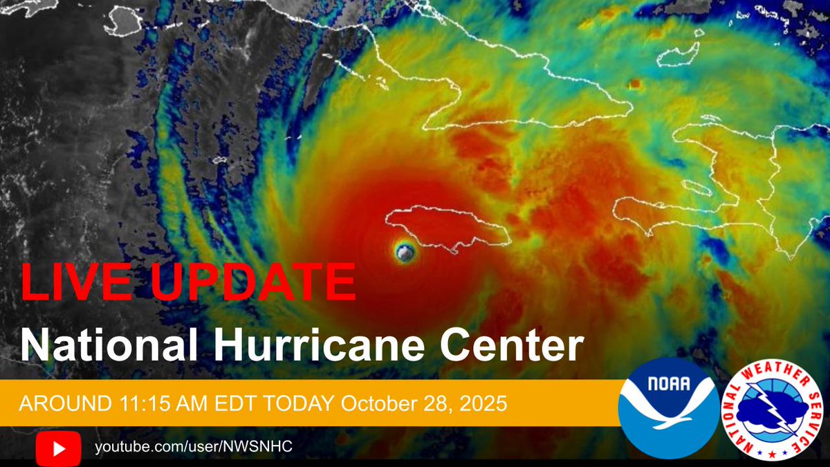 The National Hurricane Center Director Dr. Michael Brennan will provide a LIVE update on Major Hurricane #Melissa around 11:15 AM EDT today October 28, 2025. Please join us on Facebook Live and the NHC YouTube Page at: youtube.com/user/NWSNHC

Full details of the latest forecast