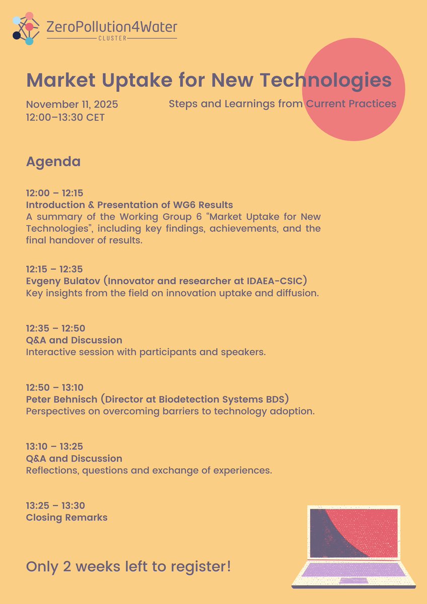mar2protect's tweet image. ⏰ Only two weeks left!

Join @ZeroPollut23533 at their upcoming webinar:

🔎 “Market Uptake for New Technologies – Lessons from Practice”
📅 11 November | 12:00–13:30 CET

👉 Register here: lnkd.in/ewNH8AFp

#Innovation #TechnologyAdoption #MAR2PROTECT