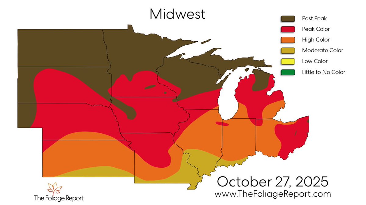 Here is The Foliage Report’s Midwest region map as of October 27, 2025.

(Continued).