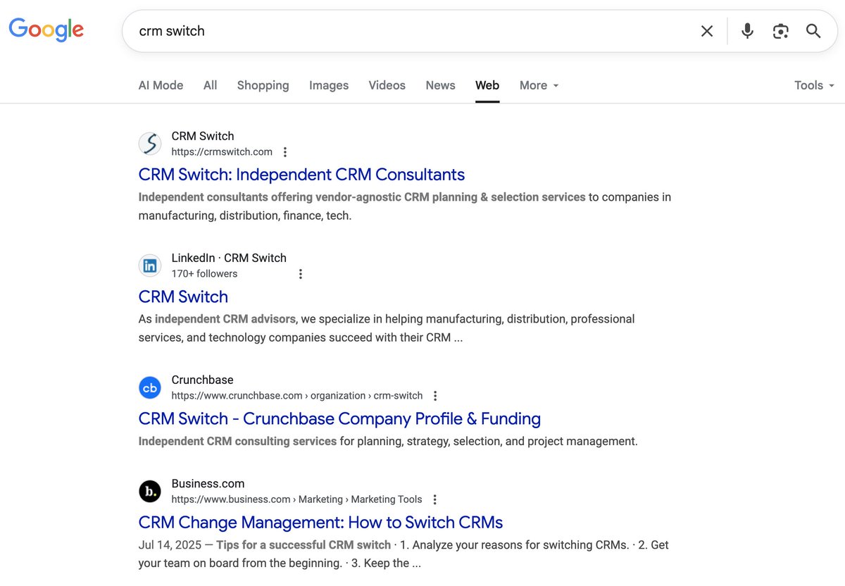 CRMSwitch's tweet image. Here&apos;s what happens to the SERP when a site with an 87 domain rating optimizes an article for your brand name. It&apos;s actually a pretty good post.