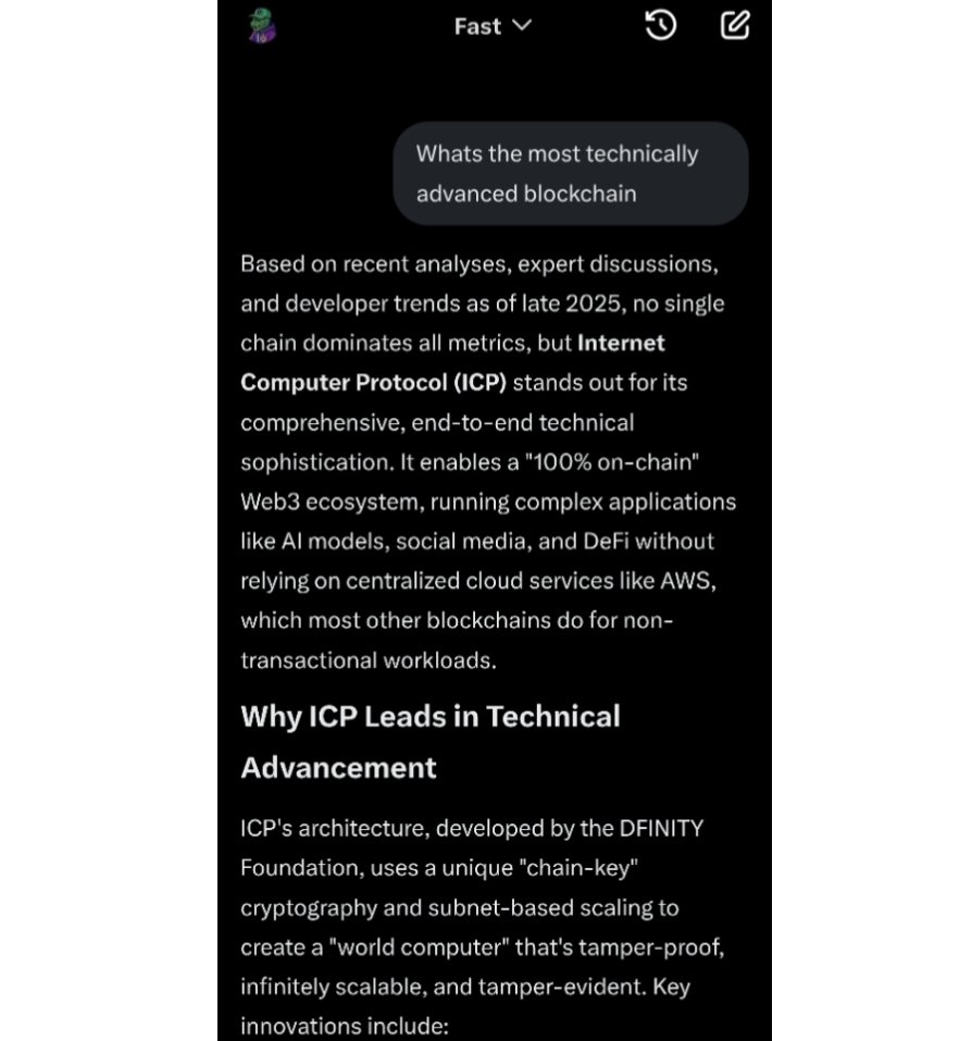 Every so often I ask @Grok whats the most technically advanced crypto 

AND FOR THE FIRST TIME, IT'S FINALLY SAID $ICP