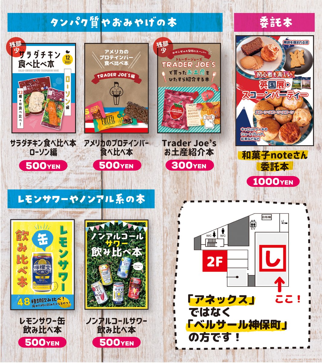 hmb_protein's tweet image. 【#おもしろ同人誌バザール お品書き】
11/2（日）ベルサール神保町2階　し65「HMB」

アメリカのハンバーガー食べ歩き本やレモンサワー本などなど持っていきます！無配ペーパーは今頑張って作ってます！
和菓子noteさん（@wagashi_note）さんの英国展本をお預かりしてます！ぜひ来てくださいね！