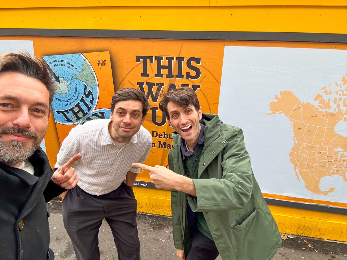 Helpfully obscuring the name of their book about terrible maps (and some other maps), <a href="/jayforeman/">Jay Foreman</a> &amp; <a href="/markcooperjones/">Mark Cooper-Jones</a> were outside <a href="/NetworkRailLBG/">London Bridge</a> today. I can absolutely recommend “THIS W U” the “Debu m Ma”. In quite a lot of bookshops, now.