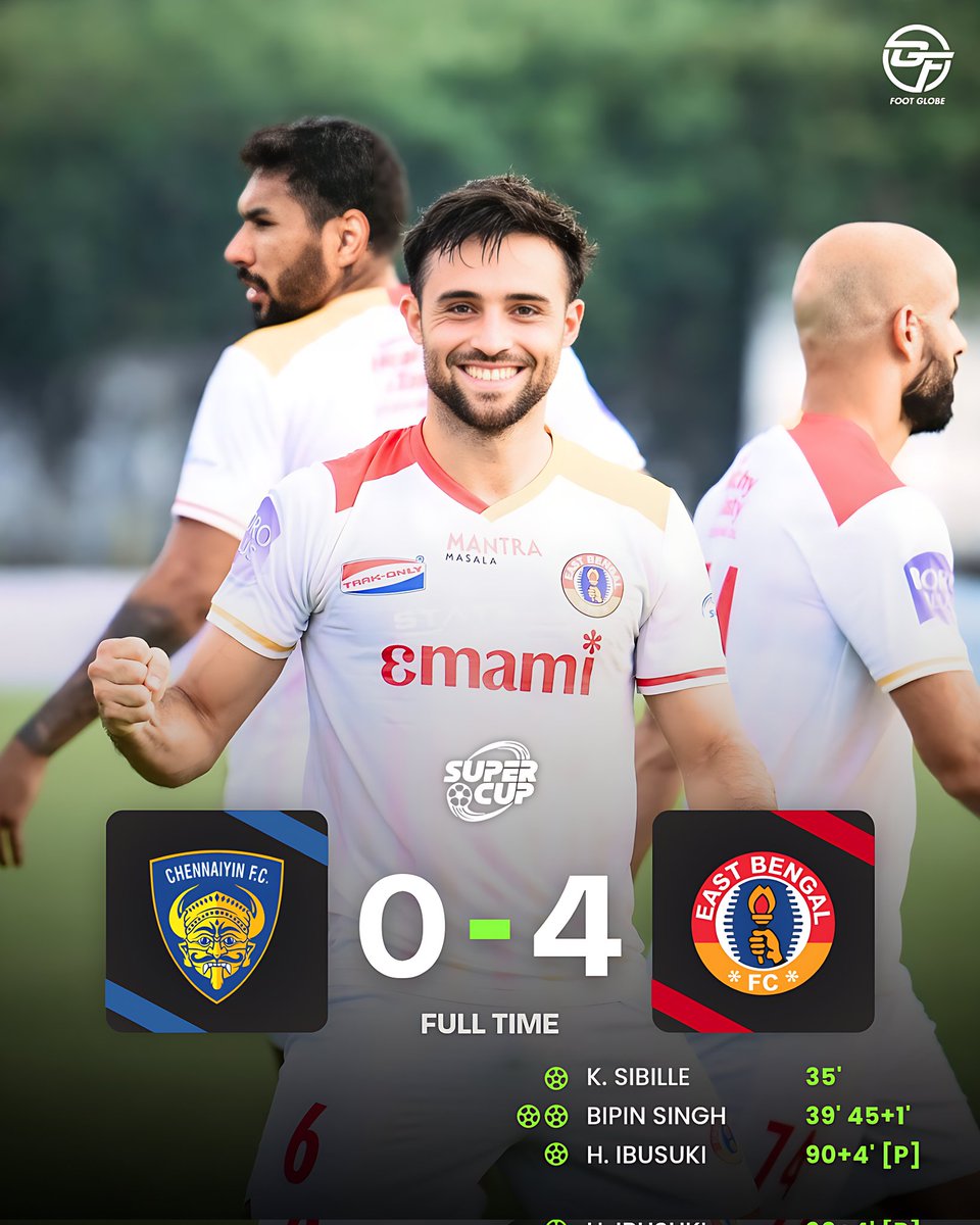 footglobeindia's tweet photo. Red & Gold rampage in the Super Cup! 🔥⚽❤️💛
East Bengal FC produced a stunning performance to crush Chennaiyin FC 4-0 in the AIFF Super Cup 2025. 💪🏆
#EBFCCFC #AIFF #AIFFSuperCup #IndianFootball https://t.co/D2qmKo9BlW