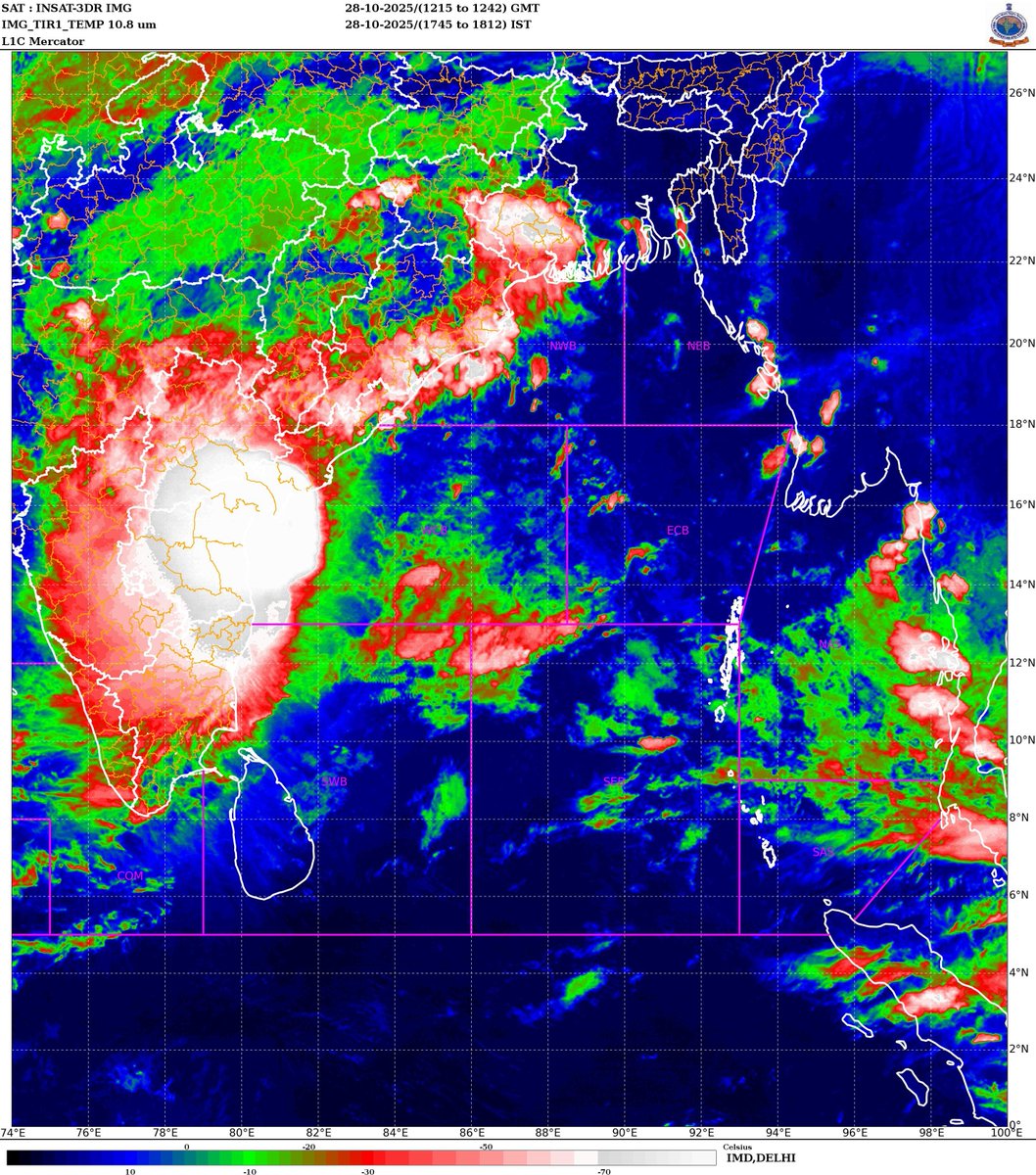 Indiametdept's tweet photo. Latest observations indicates that the #LandfallProcess has commenced. The #landfall process will #continue for next 3-4 hours.

The Severe Cyclonic Storm “#Montha” [Pronunciation: Mon-Tha] over westcentral Bay of Bengal moved north-northwestwards with a speed of 15 kmph during past six hours and lay centered at 1630 hrs IST of today, the 28th October 2025, over the same region, near latitude 15.8°N & longitude 82.4°E, about 120 km east of #Machilipatnam (Andhra Pradesh), 130 km south of #Kakinada (Andhra Pradesh), #230km south-southwest of #Visakhapatnam

It will continue to move north-northwestwards and cross Andhra Pradesh coast between Machilipatnam and Kalingapatnam around Kakinada during next 3-4 hours as a severe cyclonic storm with a maximum sustained wind speed of 90-100 kmph gusting to 110 kmph.