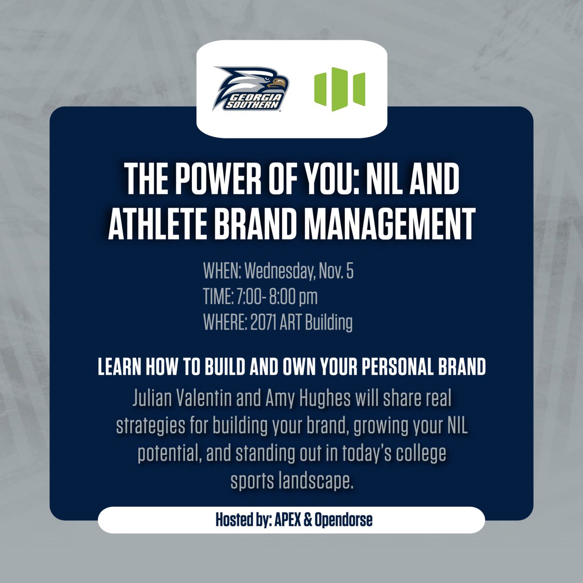 GSAthleticsAPEX's tweet image. Next APEX Event: NIL &amp;amp; Opendorse Education

Learn the essentials of NIL &amp;amp; Opendorse TOMORROW!

@GSAthletics
#lifeaftersport