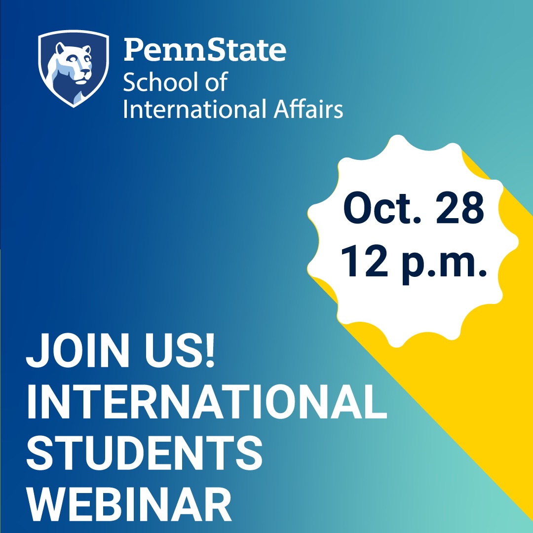 HAPPENING SOON!

Interested in learning more about the Penn State School of International Affairs Master program? Join our #admissions webinar TODAY at 12:00 p.m. and and get essential application tips and more! 

Register: bit.ly/3KBxqoF #WeAre #PennStateSIA
