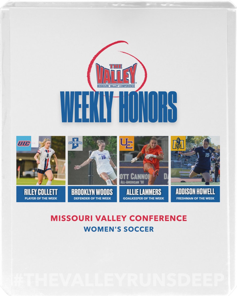 MVC Women's Soccer Weekly Honors❗️ 

📷Player of the Week: Riley Collett <a href="/UIC_WSOC/">UIC Women's Soccer</a> 
📷Defender: Brooklyn Woods <a href="/IndStSoccer/">Indiana State Soccer</a> 
📷Goalkeeper: Allie Lammers <a href="/UEAthleticsWSOC/">UE Women's Soccer</a> 
📷Freshman: Addison Howell <a href="/RacersSoccer/">Murray State Soccer</a> 

Click to Read More:  bit.ly/48LOqTj

#TheValleyRunsDeep