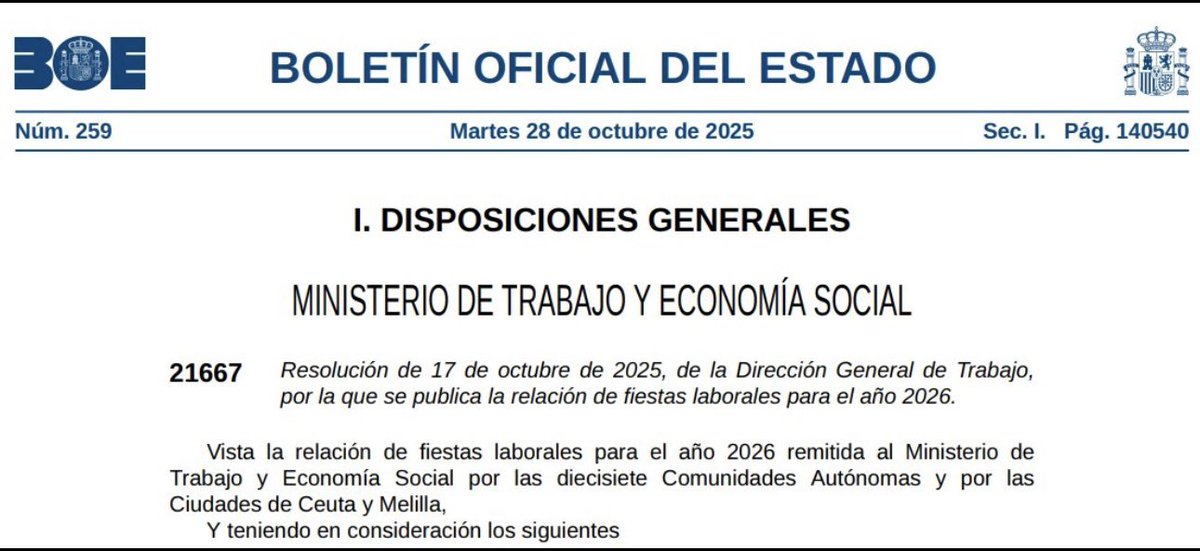 🔵 #BOE 28.10.2025: Fiestas laborales de 2026 ⬇️

🔗boe.es/boe/dias/2025/…