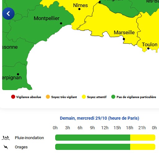 Prefet13's tweet image. ⚠️Le département des Bouches-du-Rhône est placé en #vigilancejaune🟡par @meteofrance pour les paramètres #orages⛈️et #pluieInondation🌧️à partir de mercredi 29/10 18h.

La perturbation s&apos;évacuera en fin de nuit.

@prefet13 appelle à la vigilance et demande une attention…