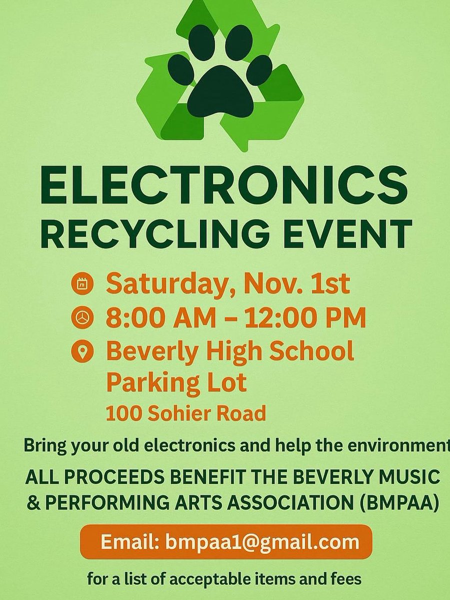 On Saturday, Nov 1, 8am-12pm at the BHS parking lot will be the annual BHS Electronic Recycling Event. Please bring any old electronic items to this event and recycle them for a small fee. More info: athttps://bms.beverlyschools.org/apps/news/article/2122599.