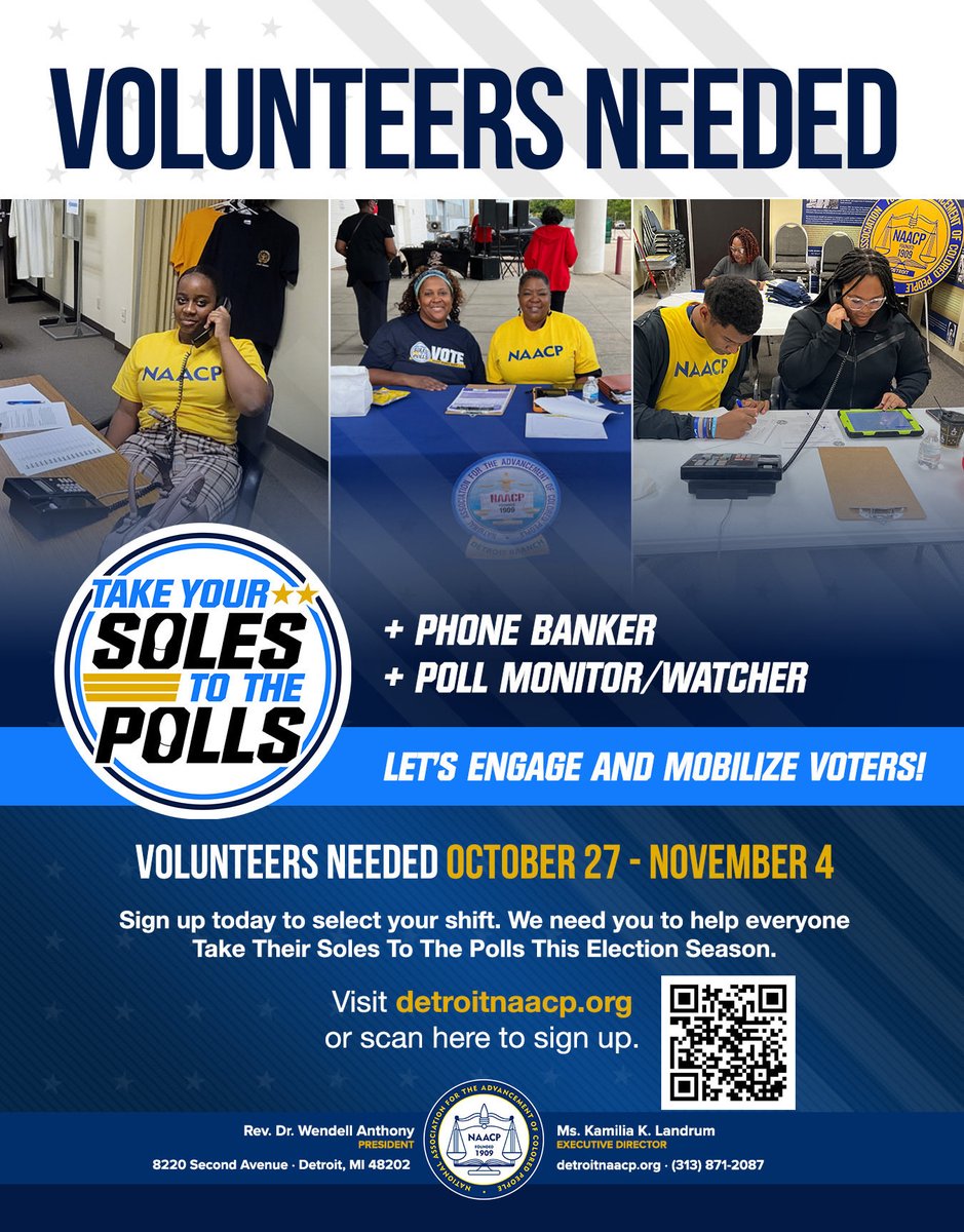 Help us mobilize voters to #TakeYourSolesToThePolls

Shifts are available now! 

Just scan the QR Code or visit detroitnaacp.org/volunteer to select your shift! 

#AllElectionsMatter
#DetroitElections