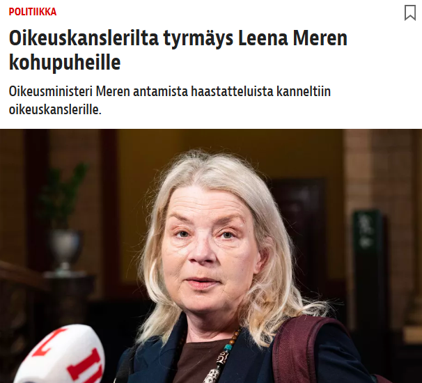 Iltalehden ostikosta saa hieman eri kuvan mikä on todellisuus. 

"Oikeuskanslerin päätöksen mukaan oikeusministeri Meri ei menetellyt asiassa lainvastaisesti."

Tässä vielä tarkemmin itse asia:
"Meri toimitti oikeuskanslerille selvityksen, jonka mukaan haastattelulausunnot eivät
