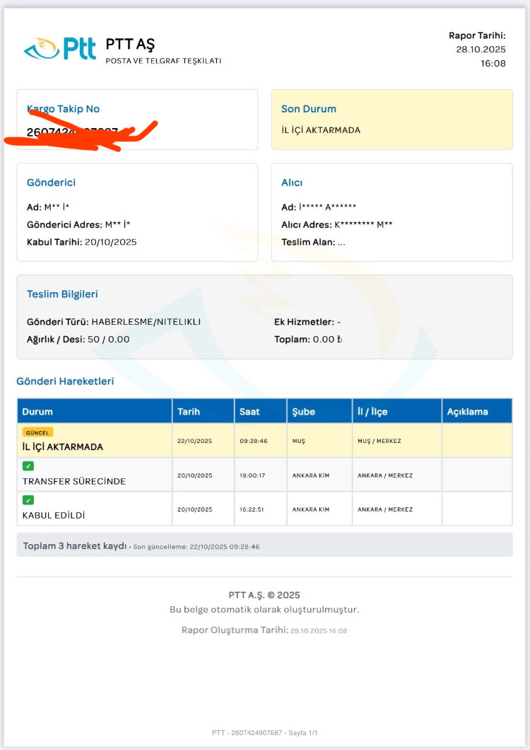 Muş Merkez PTT Kargo gelen kargoları bekleterek zamanında ilgili alıcılara teslim etmeyerek mağdur ediyor. 22.10.2025’te teslim aldığı kargoyu hala adrese teslim etmediği gibi sorduk resmi tatil diyerek perşembe gününe ancak dedi. <a href="/UABakanligi/">T.C. Ulaştırma ve Altyapı Bakanlığı</a> #UlaştırmaVeAltyapıBakanlığı
