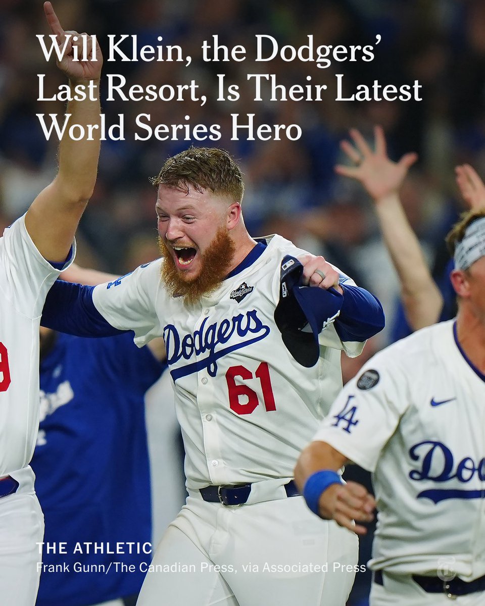 nytimes's tweet photo. From @TheAthletic: Will Klein had never thrown more than two innings or 36 pitches. He doubled both figures in one of the most unlikely star turns in World Series history.

“MVP of this game,” Dodgers walk-off hero Freddie Freeman said afterward. https://t.co/yq50ABTluE https://t.co/91NZxDNrue