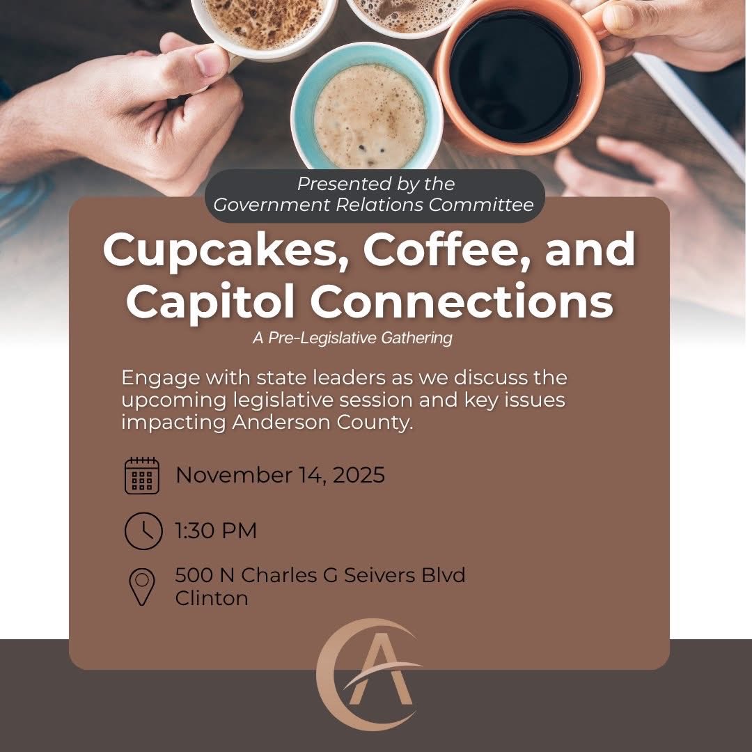 ACChamberTN's tweet image. 🧁 Cupcakes, Coffee, and Capitol Connections

Join us for a pre-legislative gathering presented by the Government Relations Committee!

Engage with state leaders as we discuss the upcoming legislative session and key issues impacting Anderson County.