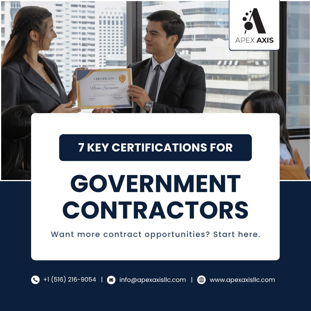 ApexAxisLLC's tweet photo. Unlock your next big contract! 💼
Discover the 7 essential certifications every government contractor should know.
#ContractOpportunities #GovCon #ApexAxis https://t.co/yYuDJgrKUH