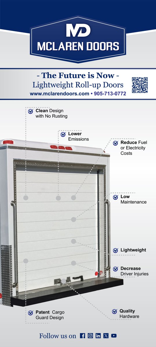 As fleets shift to EVs, weight matters more than ever. 
McLaren’s lightweight roll-up doors help reduce vehicle weight without sacrificing durability, perfect for EV prototypes &amp; fleets.
📞 905-713-0772
🔗 mclarendoors.com
📧 info@mclarendoors.com
#EVFleet #RollUpDoors