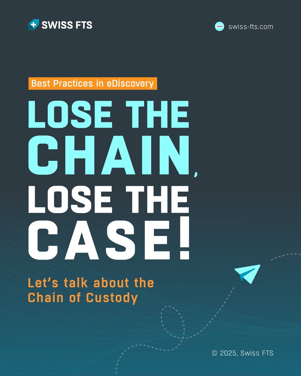 swissfts's tweet photo. In eDiscovery &amp; Digital Forensics, the Chain of Custody is key, it ensures data integrity and tracks who handled the evidence from start to finish. This is post 1/4 in our Best Practices in eDiscovery series. Stay tuned for more expert insights! Read more: https://t.co/pxPktpeqnF https://t.co/IDqwCM85Yy
