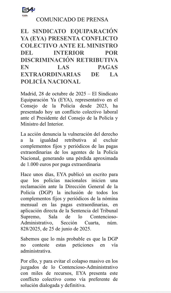EYAPolicia's tweet photo. #ULTIMAHORA 📄Comunicado de prensa
⚠️ El sindicato EYA presenta un #ConflictoColectivo ante el @interiorgob por discriminación retributiva las pagas extraordinarias de la #PoliciaNacional 

#EquiparacionYa https://t.co/P5qA3PYDIr