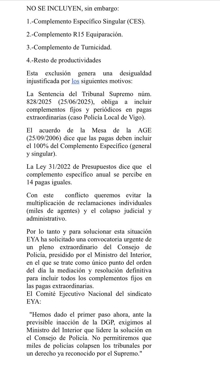 #ULTIMAHORA 📄Comunicado de prensa
⚠️ El sindicato EYA presenta un #ConflictoColectivo ante el <a href="/interiorgob/">Ministerio del Interior</a> por discriminación retributiva las pagas extraordinarias de la #PoliciaNacional 

#EquiparacionYa