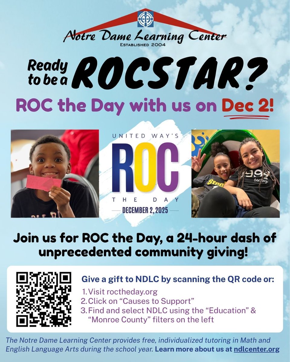 NDLCenter's tweet image. Mark December 2 on your calendars and get ready to be a ROCstar! 🌟 ROC the Day is almost here- your chance to help make a big impact in just one day! 

Your support helps NDLC continue providing free, individualized Math and ELA tutoring to students.

#ROCtheDay #GivingTuesday