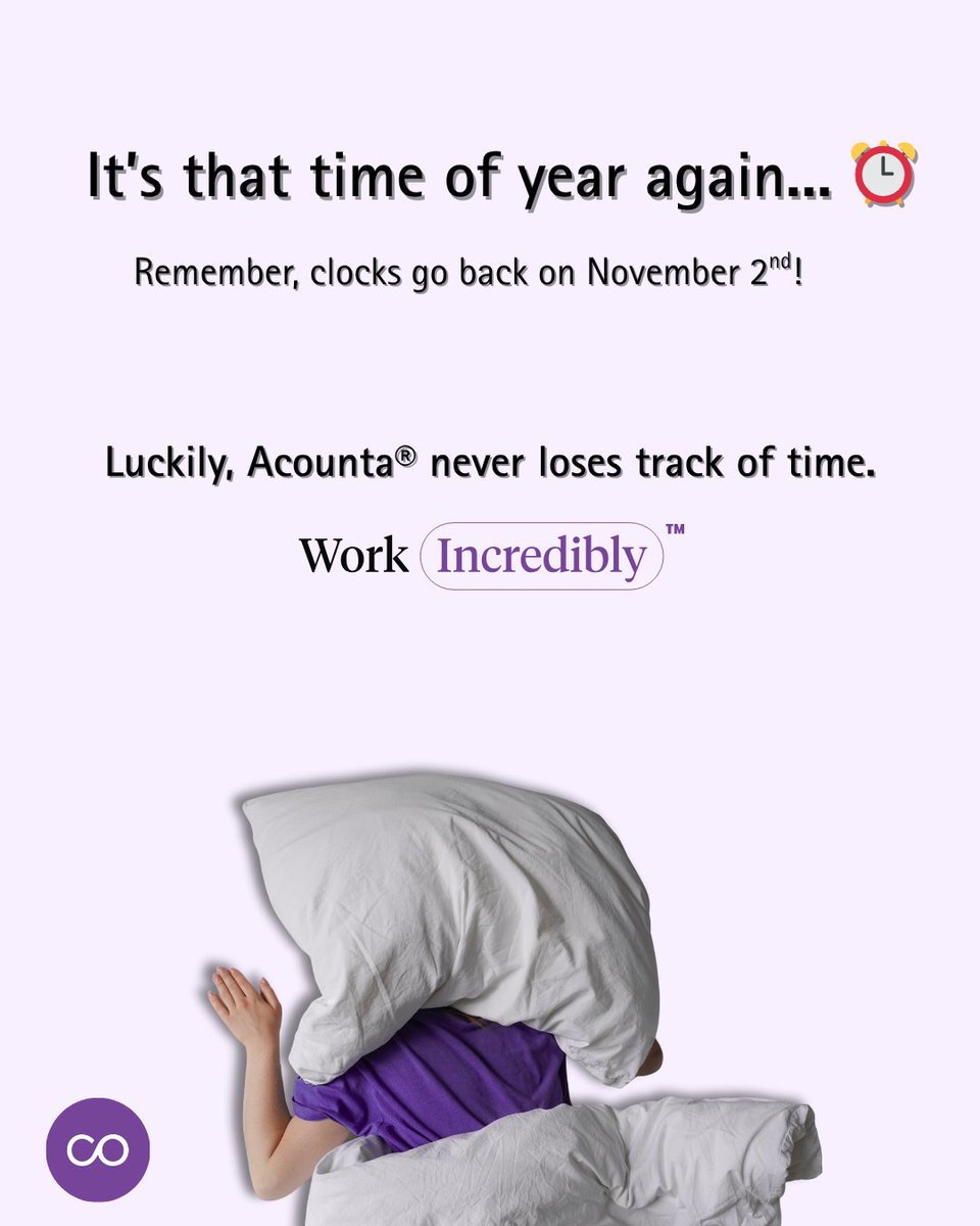 acounta_io's tweet photo. We gain an hour of sleep — but Acounta® never misses a beat. ⏰💜
#Acounta #WorkIncredibly #DaylightSavings #Automation https://t.co/SmBMvyzwLm