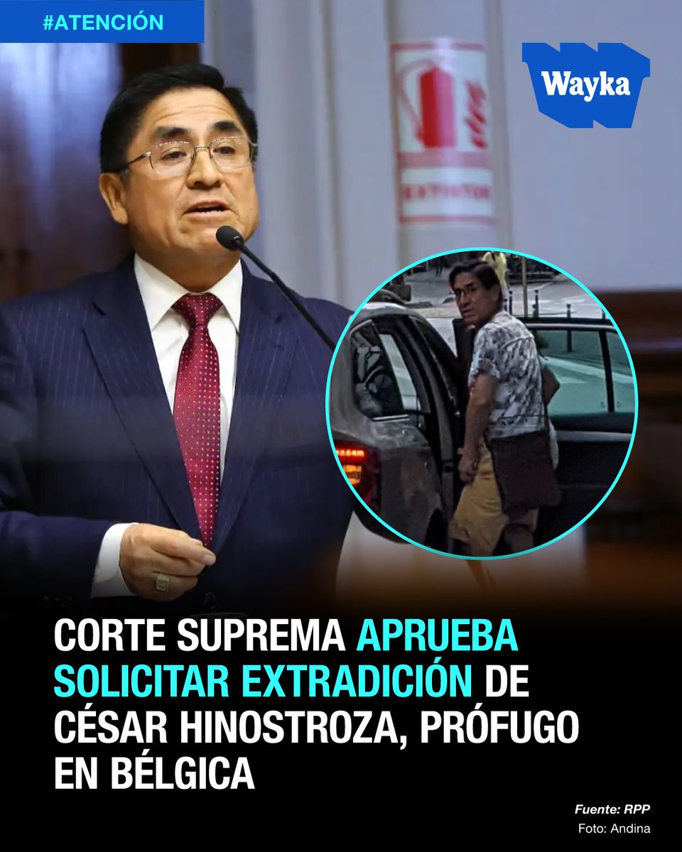 WaykaPeru's tweet photo. La Corte Suprema autorizó solicitar a las autoridades de Bélgica la extradición de César Hinostroza, exjuez supremo y prófugo de la justicia quien lideraría la organización criminal "Los Cuellos Blancos del Puerto".

La justicia determinó que el caso de Hinostroza cumple los requisitos para una extradición con Bélgica pues la persona está identificada, el delito es común y no político.

Ahora, el expediente del caso fue enviado al Ministerio de Justicia para que este gestione el trámite de extradición. Cabe recordar, que el exjuez Hinostroza fugó del país en 2018.