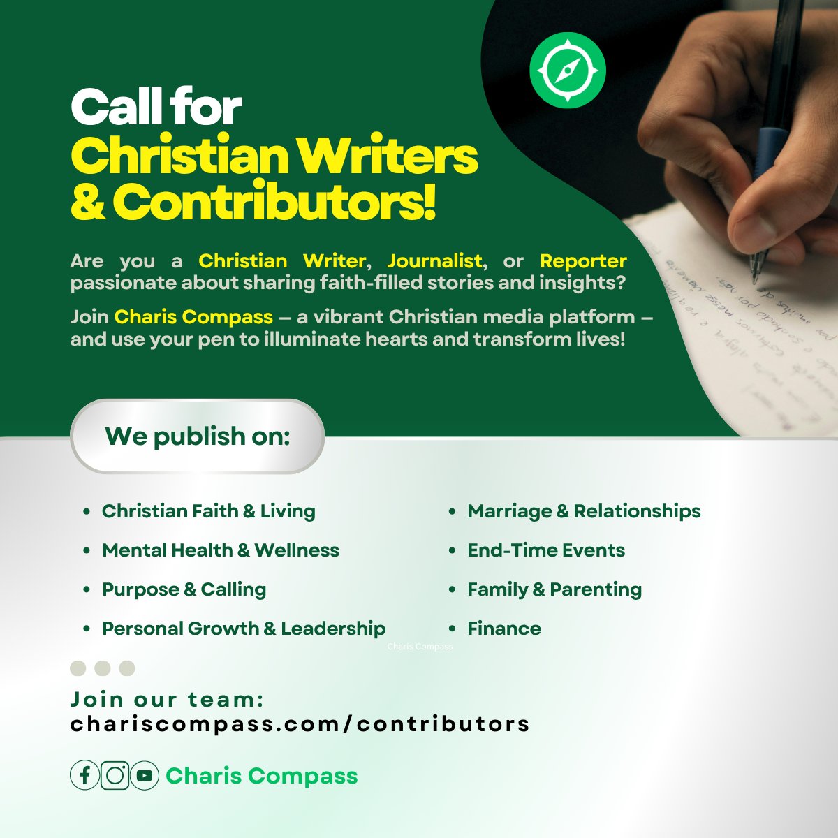 CharisComp77729's tweet image. Got a passion for writing?
We’re calling Christian writers and reporters to join our team of contributors at Charis Compass!
Let your words inspire nations 🌍

👉 chariscompass.com/contributors

#FaithWriters #ChristianBloggers #CharisCompass #ChristianCommunity