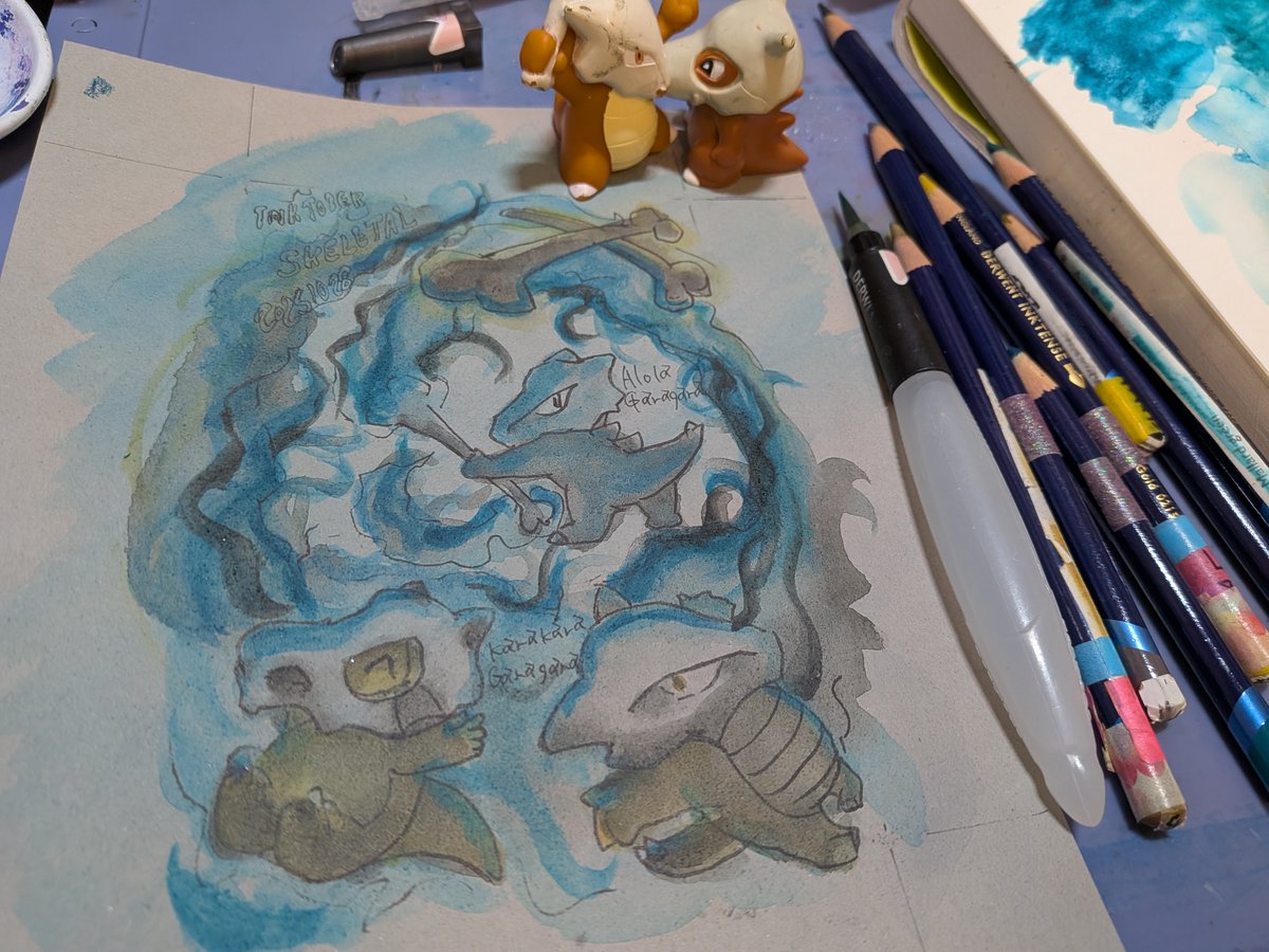 wshinchan's tweet image. インクトーバー28日目 SKELETAL
アランカルではない。ポケモンカラカラとガラガラ（アローラ）
用紙キャンソンXL サンドグレーン グレー
ダーウェント 耐水性の水彩色鉛筆インクテンスとクロマフロー #Chromaflow アナログイラスト
#色鉛筆水彩強化マラソン2025
#inktober #kuretake_inktobe