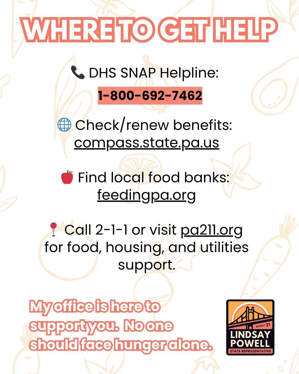 RepLPowell's tweet image. The federal shutdown is hurting our neighbors. Starting Nov. 1, more than 2 million Pennsylvanians could lose access to SNAP benefits, threatening food security for families and seniors.

This isn’t politics, it’s people’s lives. My office is here to help.