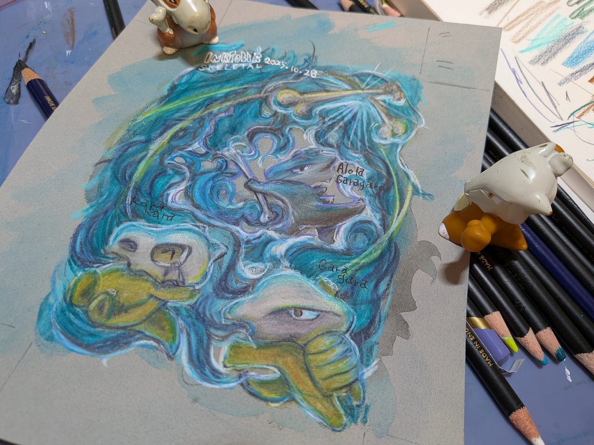 wshinchan's tweet image. インクトーバー28日目 SKELETAL
アランカルではない。ポケモンカラカラとガラガラ（アローラ）
用紙キャンソンXL サンドグレーン グレー
ダーウェント 耐水性の水彩色鉛筆インクテンスとクロマフロー #Chromaflow アナログイラスト
#色鉛筆水彩強化マラソン2025
#inktober #kuretake_inktobe