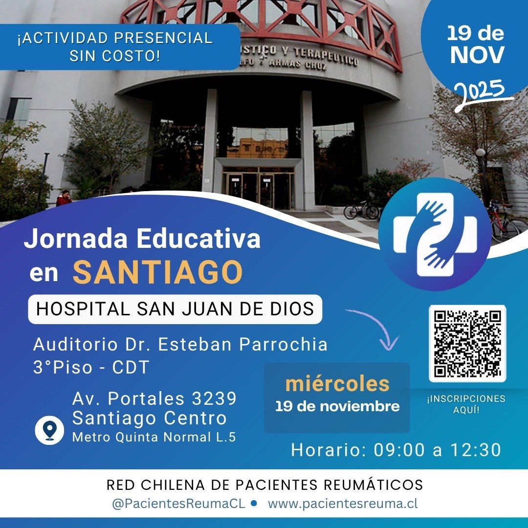 PacientesReumCL's tweet image. Tendremos una nueva Jornada Educativa en el Hospital San Juan de Dios de Santiago!

Te invitamos a sumarte para el miércoles 19 de noviembre de 09.00 a 12.30 horas.

Inscríbete gratuitamente en: 
forms.gle/UPrsuDQWUg9Wk7…