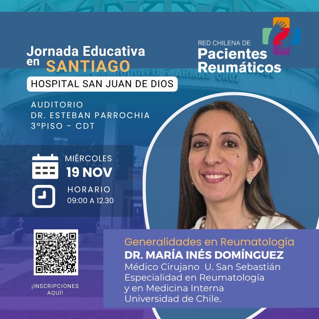 PacientesReumCL's tweet image. Tendremos una nueva Jornada Educativa en el Hospital San Juan de Dios de Santiago!

Te invitamos a sumarte para el miércoles 19 de noviembre de 09.00 a 12.30 horas.

Inscríbete gratuitamente en: 
forms.gle/UPrsuDQWUg9Wk7…