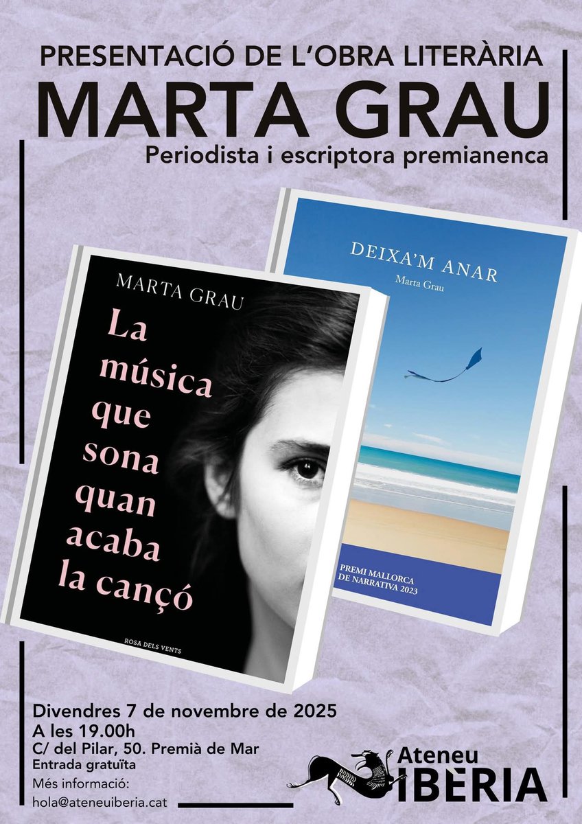 Presentació de l'escriptora Marta Grau, guardonada amb diferents premis de poesia i literatura. Ens mostrarà la seva obra, incloent-hi "Deixa'm anar", novel·la on la trama passa a Premià. 

Divendres 7 de novembre a les 19.00h
Al local c/del Pilar, 50 #PremiàdeMar