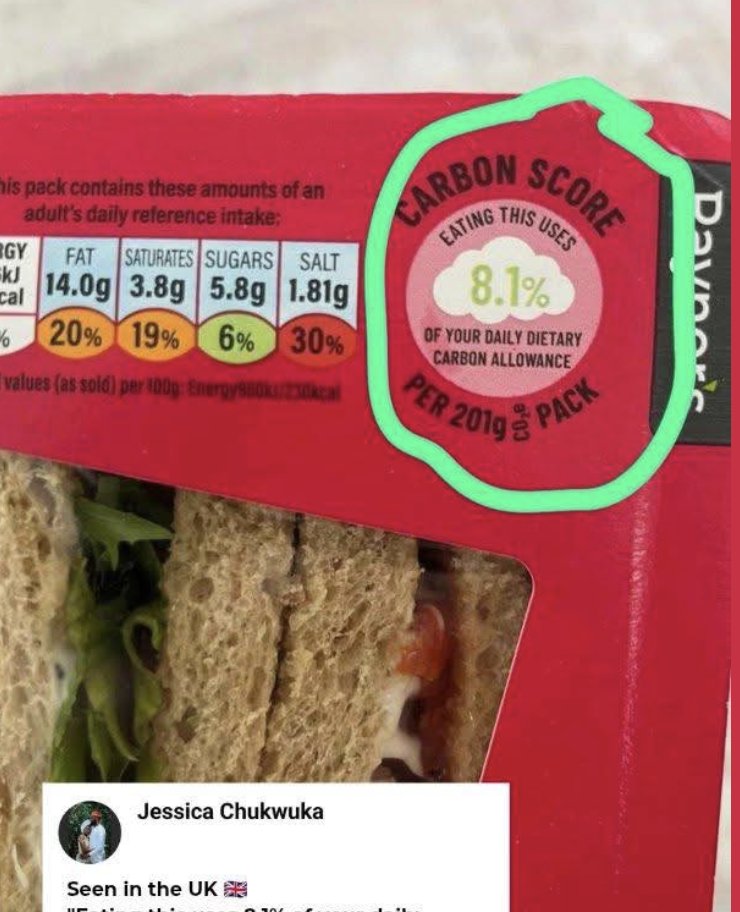 AlpacaAurelius's tweet image. is this real? someone supposedly saw this on a sandwich in the UK

"uses 8.1% of your dietary carbon allowance"...

like they want to track how much carbon we use and ban us from eating certain things (cough cough meat)